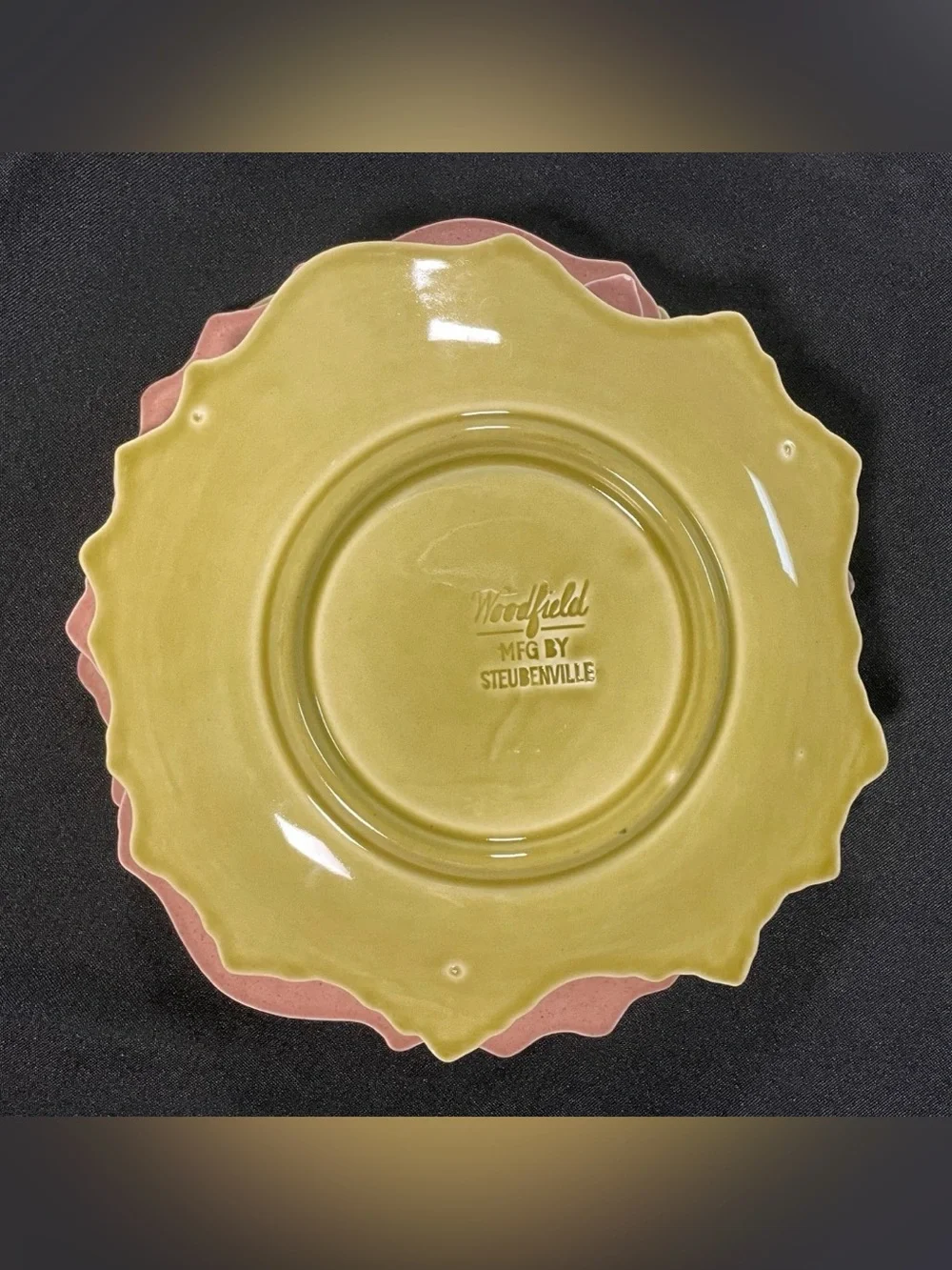Vintage Woodfield Steubenville 4 Leaf Cup & 4 Saucer Set Pink Green Pottery 8pc